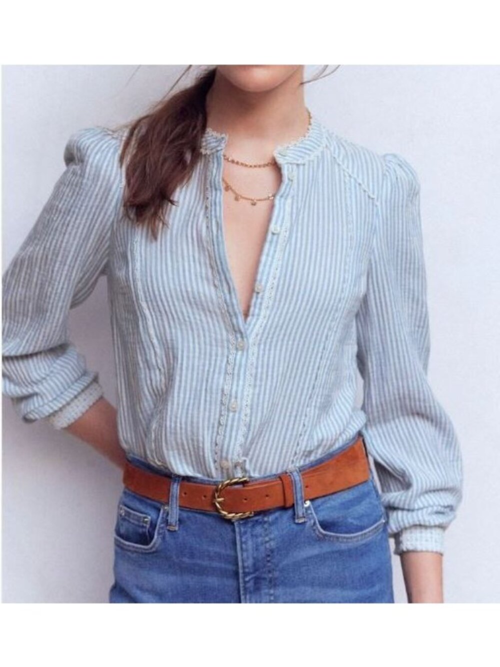 Boden Rhea Stripe Trim Double Cloth Top Women Size 10 US NWT Long Sleeve Button